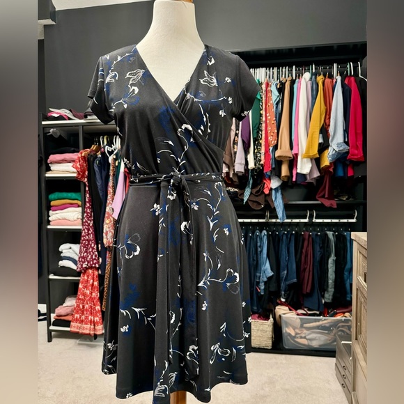 Charcoal grey, faux wrap, knee length dress; size M - Picture 1 of 2